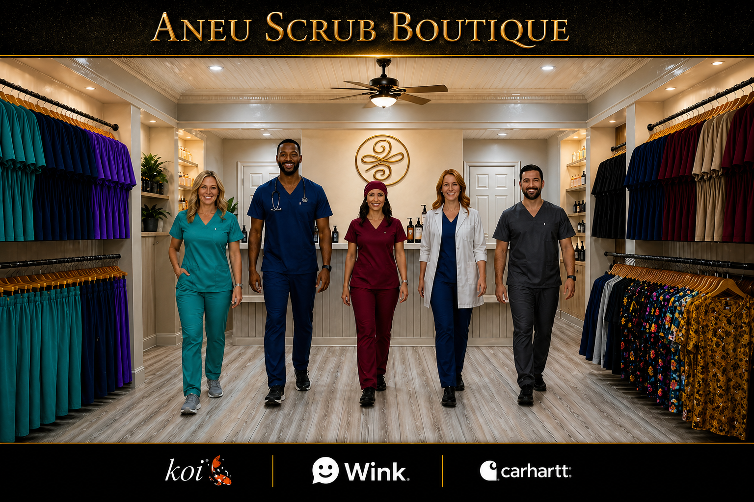Aneu Scrub Boutique interior with healthcare professionals wearing premium scrubs